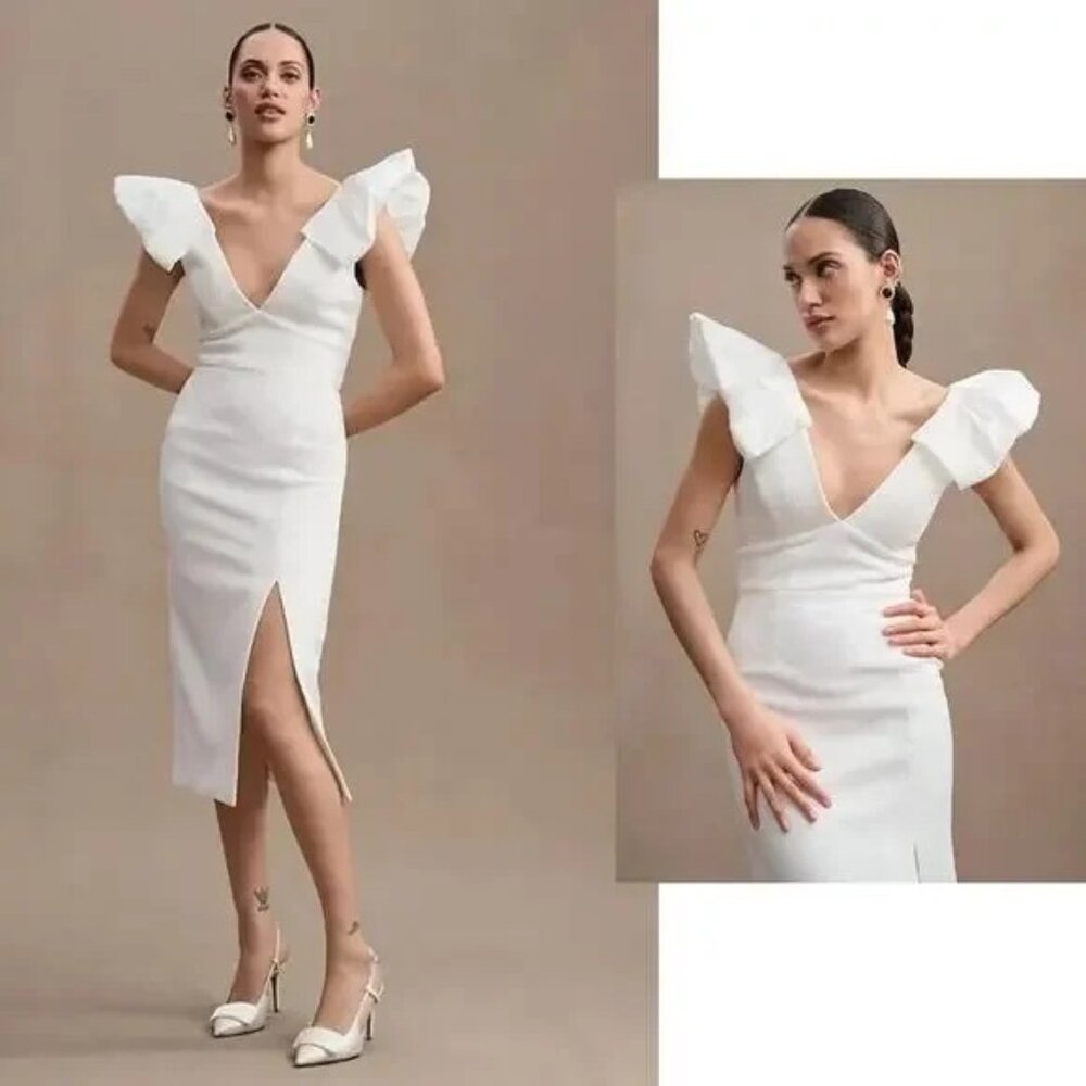 Anthropologie BHLDN Puff Sleeve V Neck Midi Dress Size 2 Bridal White